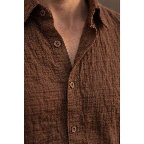 Nefes Alabilir Yarım Oversize Müslin Kumaş Uzun Kol Yakalı Erkek Gömlek - Kahve