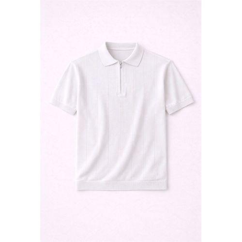 Ritchie Fermuarlı Polo Yaka Dikey Çizgili Kısa Kollu İnce Triko Erkek T-Shirt - Ekru