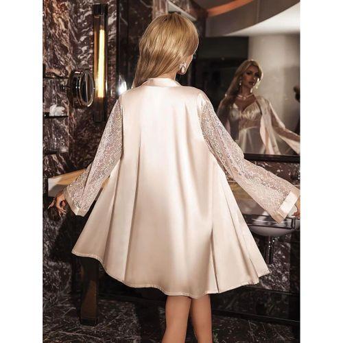 Özel Tasarım Şık Dantel İşlemeli Sabahlıklı 2'li Pudra Saten Gecelik Takımı