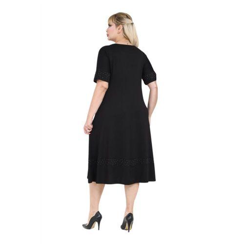 Melsay Butik Siyah Taş Baskılı Şerit Kısa Kollu Midi Elbise