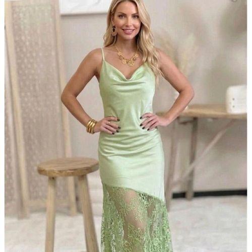 Kadın Omuz Askılı Fantel Güpür Transparan Detay Saten Elbise