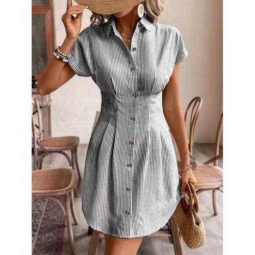 Kadın Kısa Kollu Yakalı önden Düğmeli Kısa Trikoton Elbise
