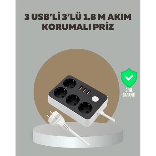 4 Prizli 3 Usb Portlu Anahtarlı Akım Korumalı Priz