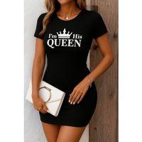 Kadın Kısa Kollu Queen Baskı Iki Iplik Mini Elbise