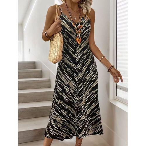 Kadın Ip Askılı V Yakalı Desenli Uzun Süprem Elbise