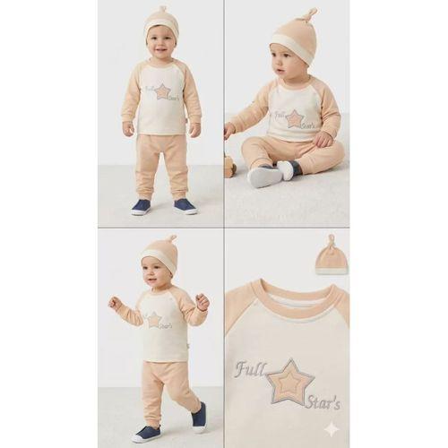 3-6 6-9 9-12 Ay Full Star Nakışlı Şapkalı Uzun Kollu Sweat 3lü Erkek Bebek Takımı