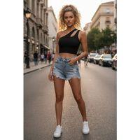 Kadın Siyah Modern Fit Tek Omuz Cut Out Detaylı Crop Top Bluz