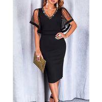 Kadın Kısa Kollu V Yakalı Taşlı Midi Ithal Krep Elbise