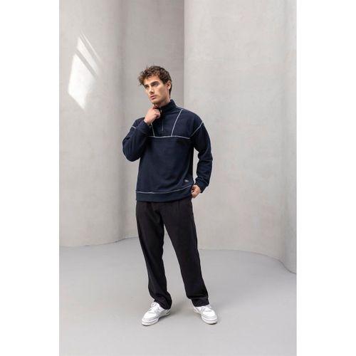 Crowe Şerit Detaylı Yarım Fermuar Polar Sweatshirt Lacivert - Bezayağı Kumaş Pantolon Siyah