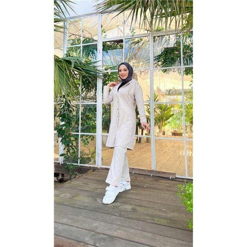 Çıtçıtlı Kapşonlu Uzun Tunik Pantolon İkili Tesettür Eşofman Takımı - 03078.027 - Ekru