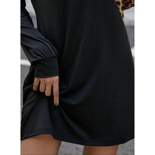 Kadın Uzun Kollu Omuzdan Açık Leopar Desenli Viskon Iki Iplik Mini Elbise