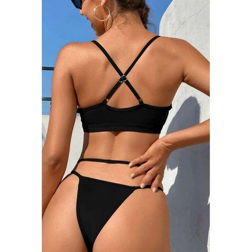 Siyah File Detaylı Şık Bikini Takımı Yüksek Bel Esnek Kumaş Yazlık Kadın Mayo Seti