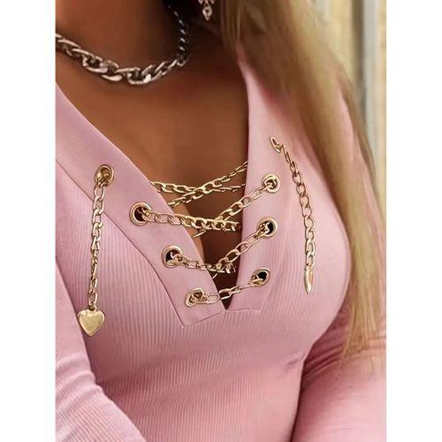 Kadın Uzun Kollu V çapraz Zincir Detaylı Kaşkorse Bluz