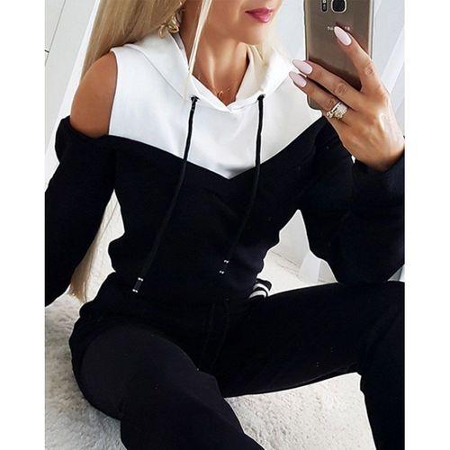 Kadın Uzun Kollu Omuzlardan Açık Kapşonlu Bağcıklı çift Renkli Viskon Iki Iplik Bluz Ve Pantolon Ikili Takım