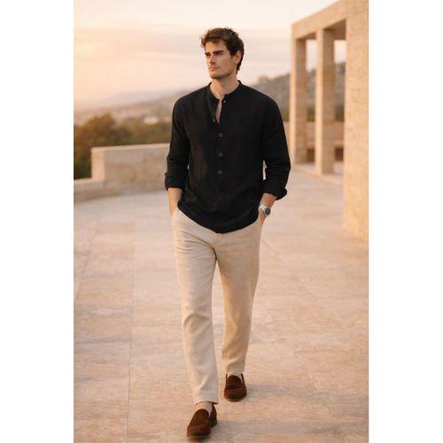 Hafif ve Nefes Alabilir Erkek Müslin Yarım Pat Hakim Yaka Oversize Gömlek - Siyah