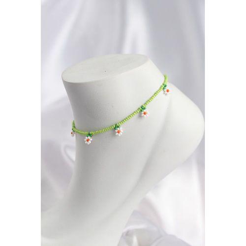 Yeşil Renk Boncuklu Papatya Motifli Halhal