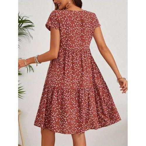 Kadın Kısa Kollu Bisiklet Yaka çiçek Desenli Süprem Elbise