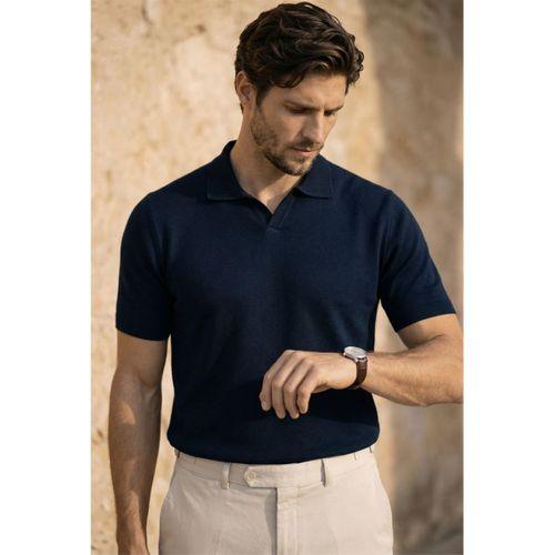 Dawson Polo V Yaka Düğmesiz Kısa Kollu İnce Triko Erkek T-Shirt - Lacivert