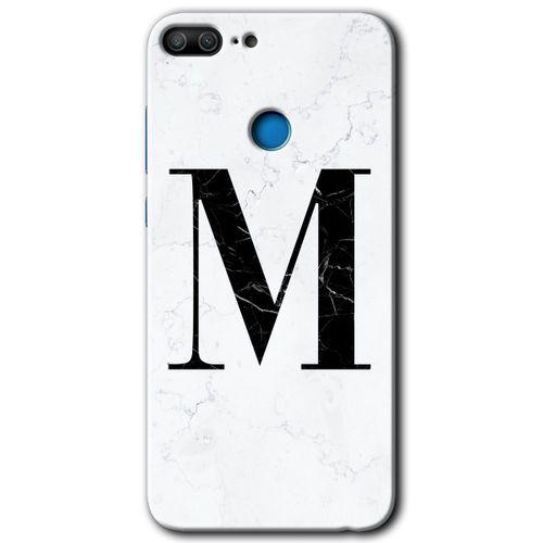MRCİLETİSİM Honor 9 Lite Kılıf HD Desen Baskılı Arka Kapak + Temperli Cam - Beyaz Mermer Desenli M Harfi