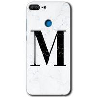 MRCİLETİSİM Honor 9 Lite Kılıf HD Desen Baskılı Arka Kapak + Temperli Cam - Beyaz Mermer Desenli M Harfi