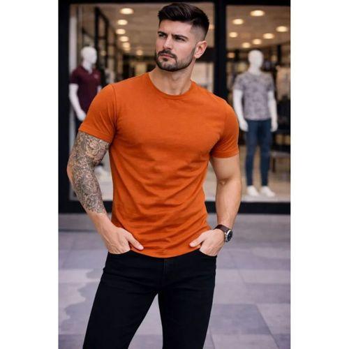 Erkek T-Shirt Bisiklet Yaka Slim Fit Dar Kesim Likralı Tişört Günlük Basic Body - Koyu Turuncu