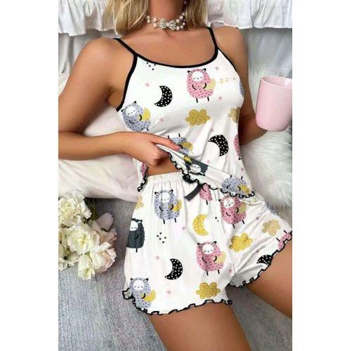 Kuzu Desenli Pembe İp Askılı Yazlık Şort Pijama Takımı Ryl - S-46
