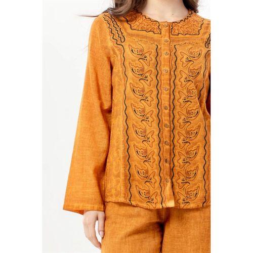 Katlanabilir Uzun Kol İnka Yuvarlak Yaka Yazlık Düğmeli Otantik Poplin Kadın Gömlek Hardal Hrd