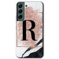 MRCİLETİSİM Samsung Galaxy S22 Kılıf HD Desen Baskılı Arka Kapak + Temperli Cam - Pembe Mermer Desenli R Harfi