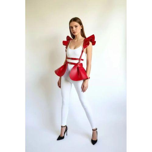 Kırmızı Etek Deri Volanlı Omuz Peplum - Brf1001