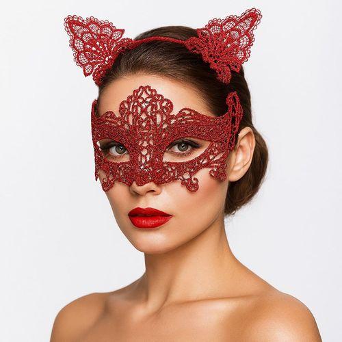 Romantik Kırmızı Dantel Maske Seti – Kedi Kulaklı Taç ve Maske 3 No