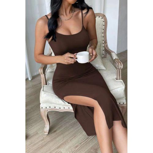 Kadın Kahverengi Yırtmaçlı Diz Altı Vücüdu Saran Gecelik