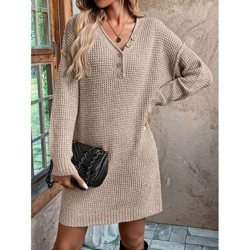 Kadın Uzun Kollu V Yakalı Düğmeli Mini Triko Taş Renkli Elbise