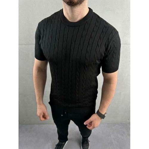 Erkek Yazlık Triko Dokuma Tişört Kısa Kol Bisiklet Yaka Örgü Desenli T-Shirt - Siyah