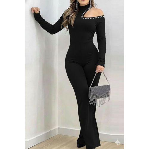 Kadın Tek Omuzdan Açık Balıkçı Yaka Taş Detaylı Uzun Ithal Krep Tulum