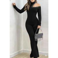 Kadın Tek Omuzdan Açık Balıkçı Yaka Taş Detaylı Uzun Ithal Krep Tulum