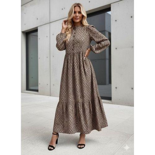 Kadın Uzun Kollu Hakim Yakalı Düğmeli Kemersiz Desenli Maxi Süprem Elbise