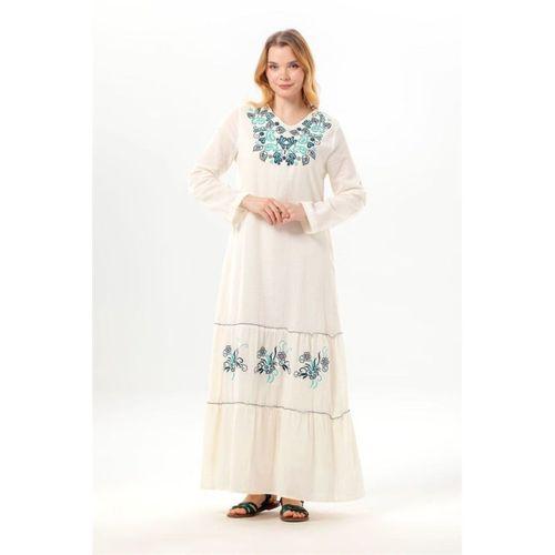 Uzun Kol Venedik Nakışlı Şile Bezi Otantik Uzun Elbise Krem Krm