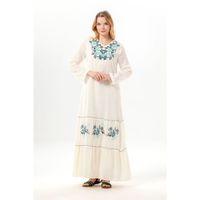 Uzun Kol Venedik Nakışlı Şile Bezi Otantik Uzun Elbise Krem Krm