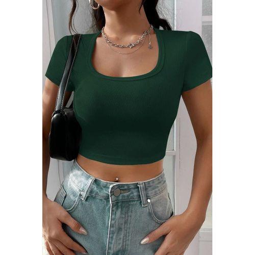 Kadın Yeşil Şık Kesim Yarım Kol Crop Bluz