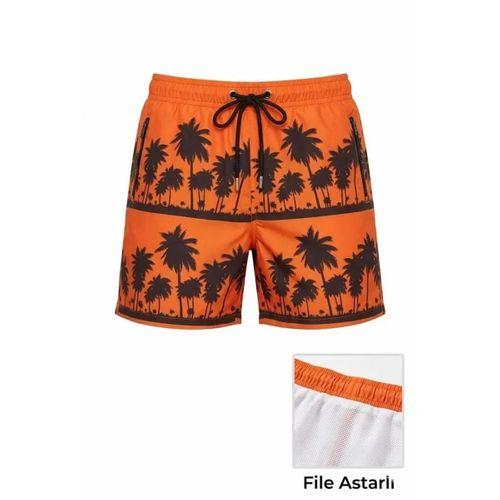 Erkek Deniz Şortu Fermuarlı Cepli File Astarlı Hızlı Kuruyan Premium - Turuncu