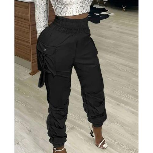 Kadın Yüksek Bel Beli Lastikli Kargo Cep Detaylı Gabardin Pantolon
