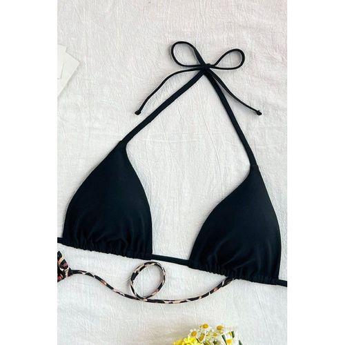 Leopar Desenli Ve Siyah 2’li Üçgen Bikini Üstü Seti Bağlamalı Minimal Kesim Kadın Mayo Üstü