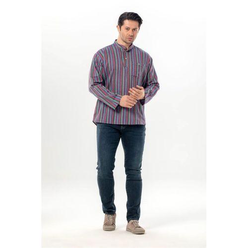 Uzun Kol Şile Bezi Tek Cepli Hakim Yaka Erkek Yazlık Tshirt Mor Çizgili 3072
