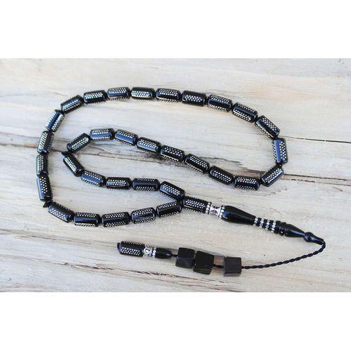 Oltu Taşı  Boru Kesim Kilim Desen İşlemeli Tespih