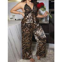 Özel Tasarım Büyük Beden Leopar Desenli İnce Askılı 2'li Saten Pijama Takımı