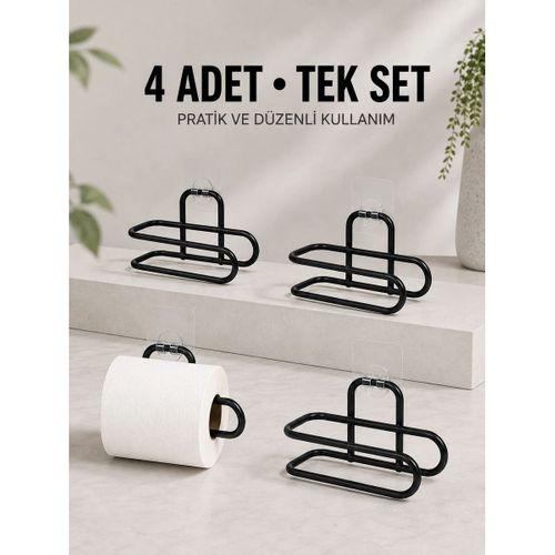 Duvara Yapışkanlı Wc Kağıtlık Siyah Metal 4 Adet Tuvalet Kağıdı Rulo Askısı
