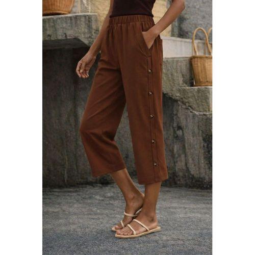 Kadın Yüksel Bel Lastikli Yandan Dügme Detaylı Midi Pantolon