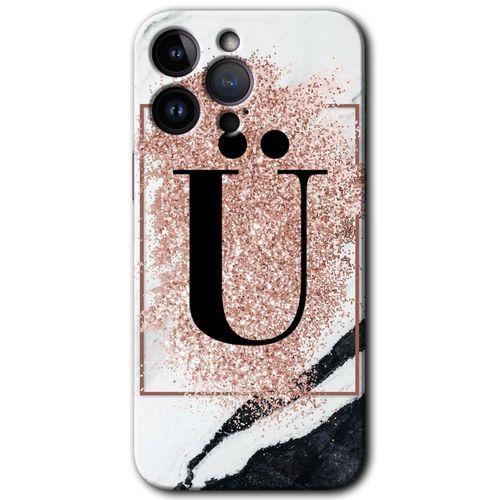 iPhone 14 Pro Max Kılıf HD Desen Baskılı Arka Kapak - Pembe Mermer Desenli Ü Harfi