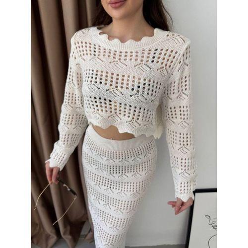 Kadın Uzun Kollu Kuş Gözü Transparan Detay Triko Bluz Ve Maxi Boy Etek Ikili Takım