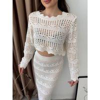 Kadın Uzun Kollu Kuş Gözü Transparan Detay Triko Bluz Ve Maxi Boy Etek Ikili Takım